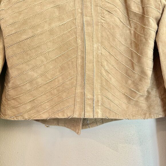 BEBE TAN SUEDE Textured LEATHER ZIP Bomber‎ JACKET COAT SIZE Medium - Picture 12 of 16